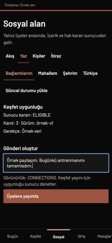 Gerçek Sosyal alan Yaz ekranı: gönderi metni, görünürlük kapsamı ve Üyelere yayımla düğmesi