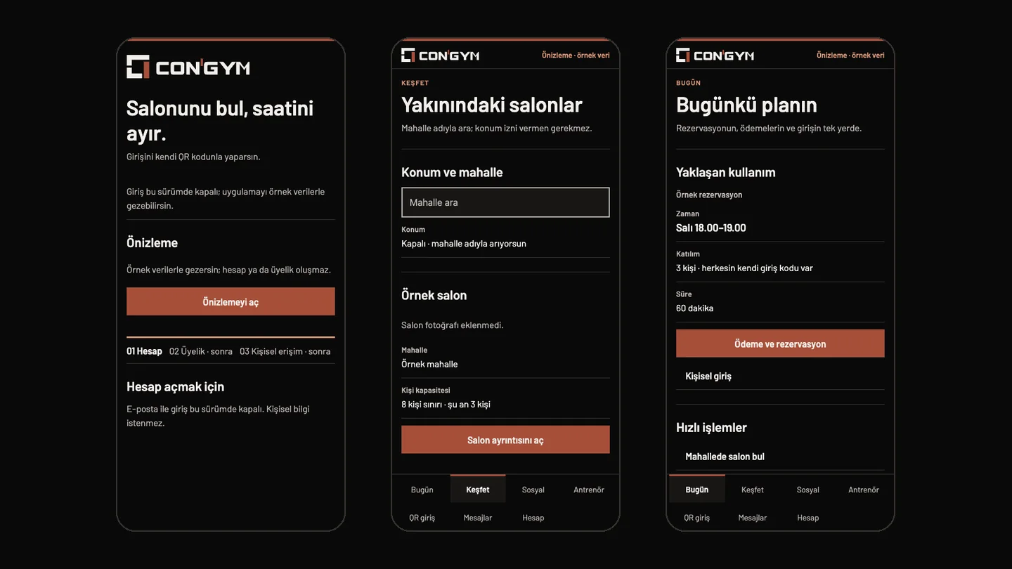 Keşfet ekranı: mahalleyle salon arama, kişi kapasitesi ve salon ayrıntısı